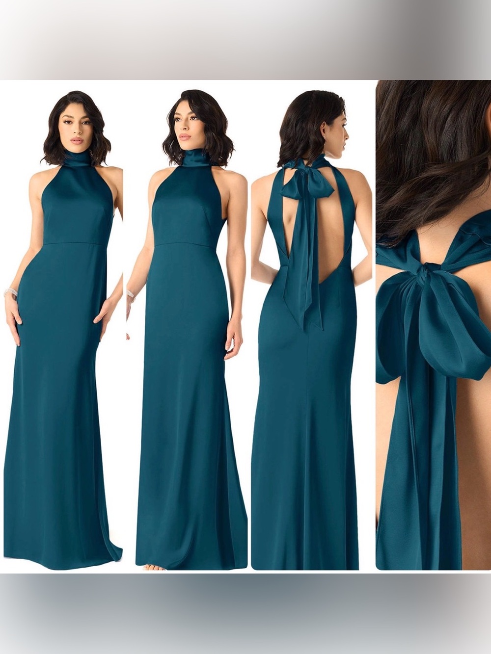 Azazie X Delaney Ink Blue Sheath High Neck Halter Satin Dress Size 14